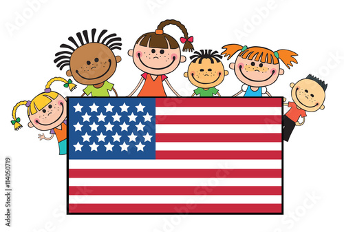 children on American flags banner independence day vector