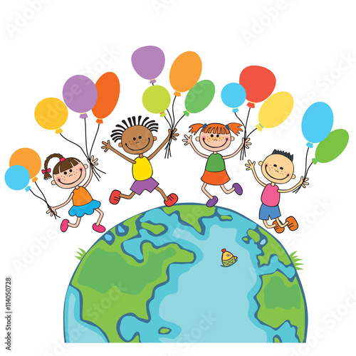four happy jumping kids round the globe, with balloons isolated background cartoon