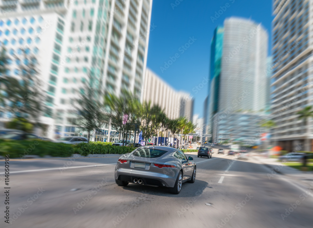 Fast moving car in Miami Downtown