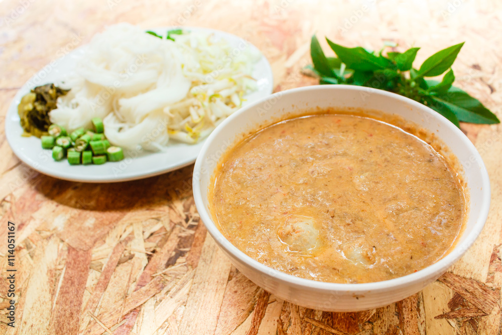 Rice noodles in fish curry sauce (Kanom Jeen Nam Ya). Rice noodles in fish curry sauce (Kanom Jeen Nam Ya).