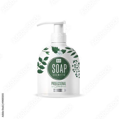Organic cosmetic brand of soap vector packaging template, body care product. Realistic bottle mock up isolated on white background.