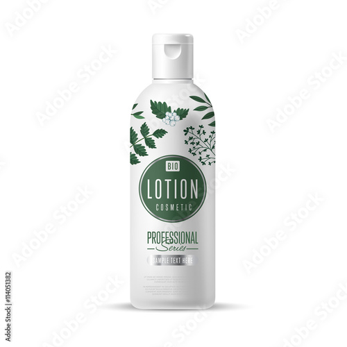 Organic cosmetic brand of lotion vector packaging template, body care product. Realistic bottle mock up isolated on white background.