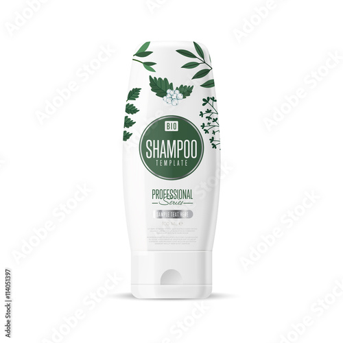 Organic cosmetic brand of shampoo vector packaging template, body care product. Realistic bottle mock up isolated on white background.