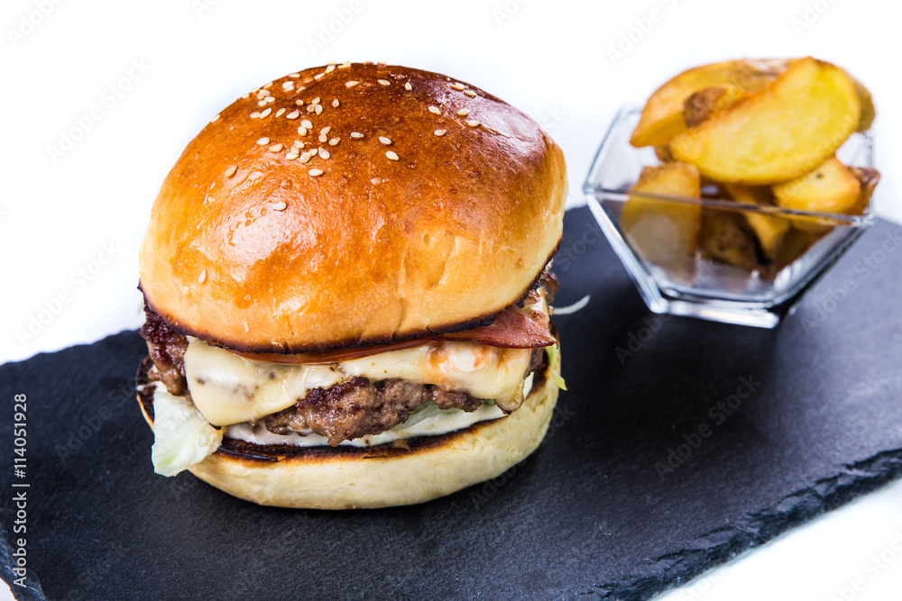 Tasty grilled  burger. Restaurant food concept.