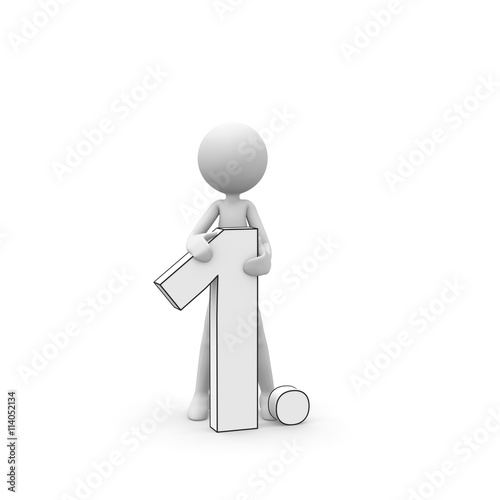 Weißes 3D Männchen - 1. Platz - Nummer 1 - Eins - Ranking - Männlein Cartoon - Zahl, Icon - 3D Figur mit Zeichen und Symbolen isoliert auf weißem Hintergrund.