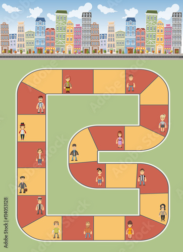 Board game with a block path on the city with people
