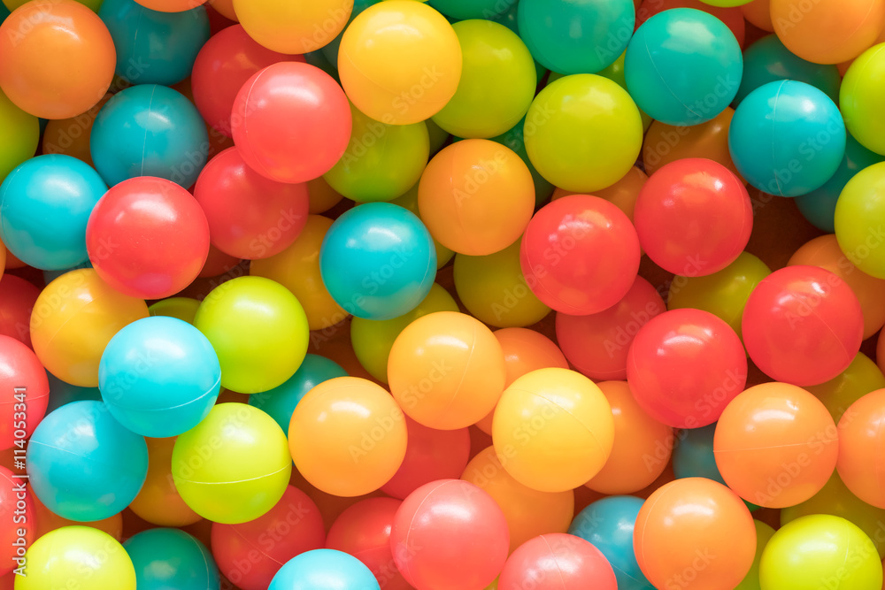Bright and Colorful toy balls, kids ball pit background, softpla