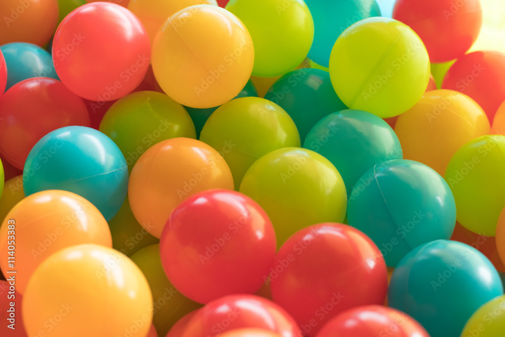 Bright and Colorful toy balls, kids ball pit background, softpla