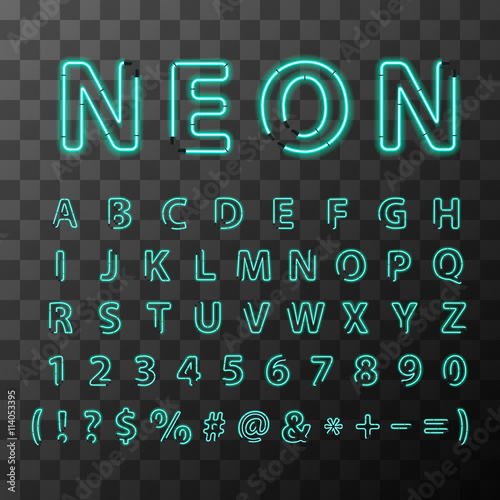 Bright neon letters, full latin alphabet on transparent background