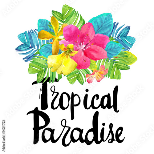 Illustration with watercolor tropical flowers.