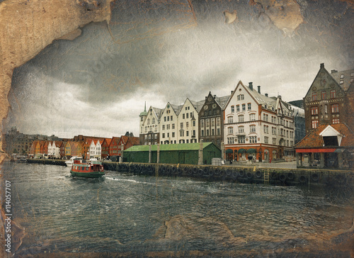 Retro image in painting style of Bergen, Norway