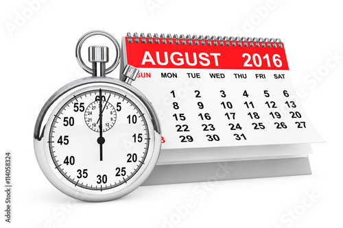 August 2016 calendar with stopwatch. 3d rendering