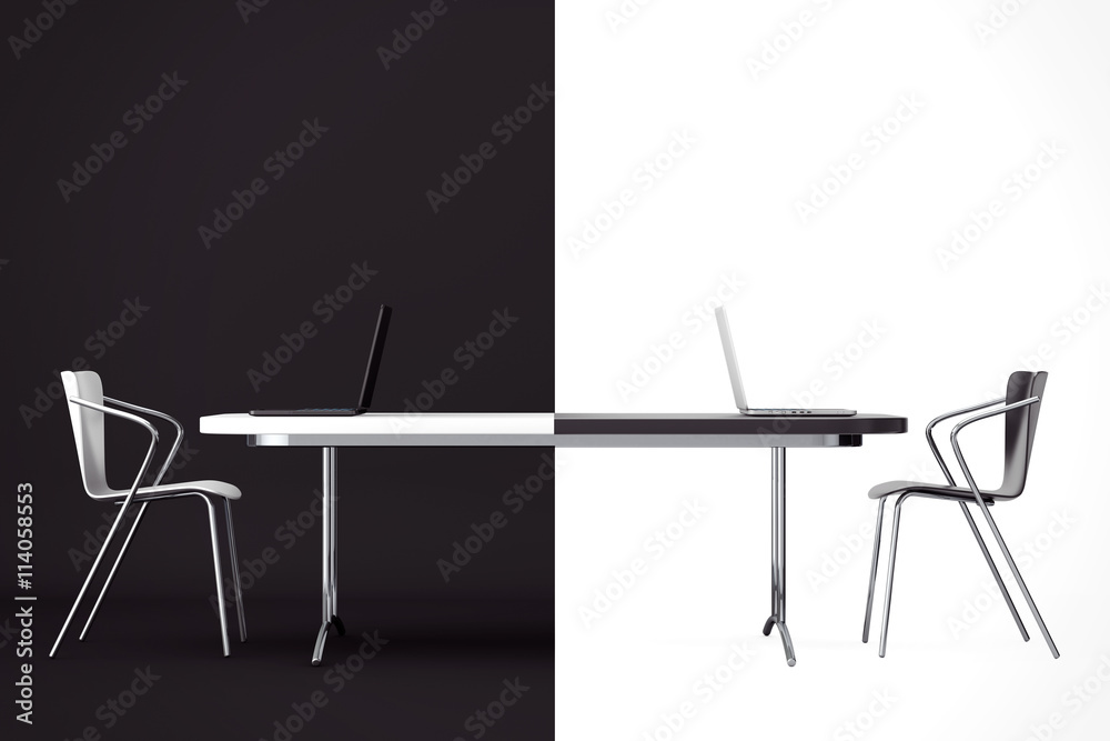 Confrontation Concept. Black and White Chairs and Desk. 3d Rende Confrontation Concept. Black and White Chairs and Desk. 3d Rende