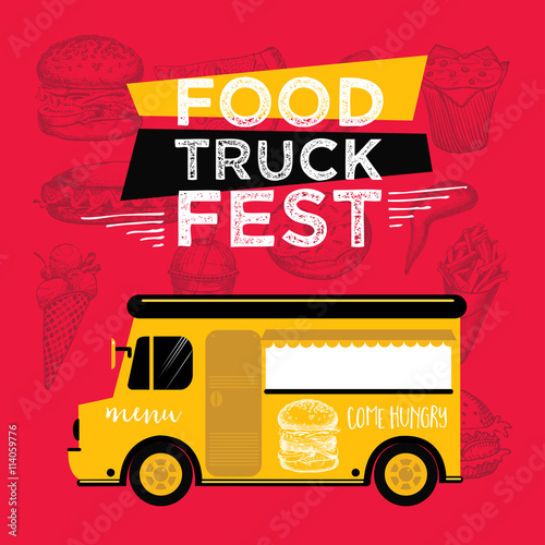 Food truck festival menu food brochure, street food template design. Vintage creative party invitation with hand-drawn graphic. Vector food menu flyer. Hipster menu board.