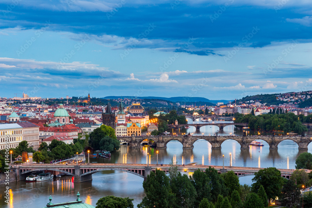 View of Bridges on Vltava, Prague at dusk, Czech Republic View of Bridges on Vltava, Prague at dusk, Czech Republic