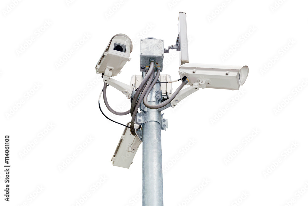 Group of security cameras (CCTV) or surveillance camera on pole isolated on white background. Group of security cameras (CCTV) or surveillance camera on pole isolated on white background.
