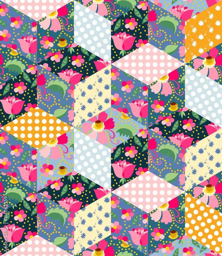 Seamless pattern of quilt. Patchwork different colorful patches. vector de Stock | Stock