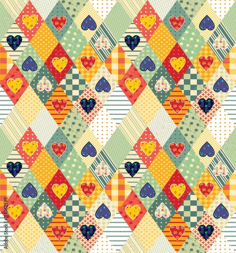 Colorful seamless patchwork pattern with rhombuses and hearts. Beautiful vector illustration of quilt.