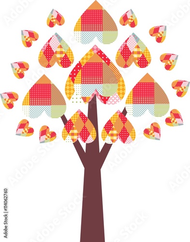 Tree with colorful patchwork hearts. Beautiful card for Valentines day. Vector illustration.