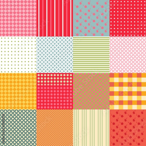 Colorful seamless patchwork background with different patterns.