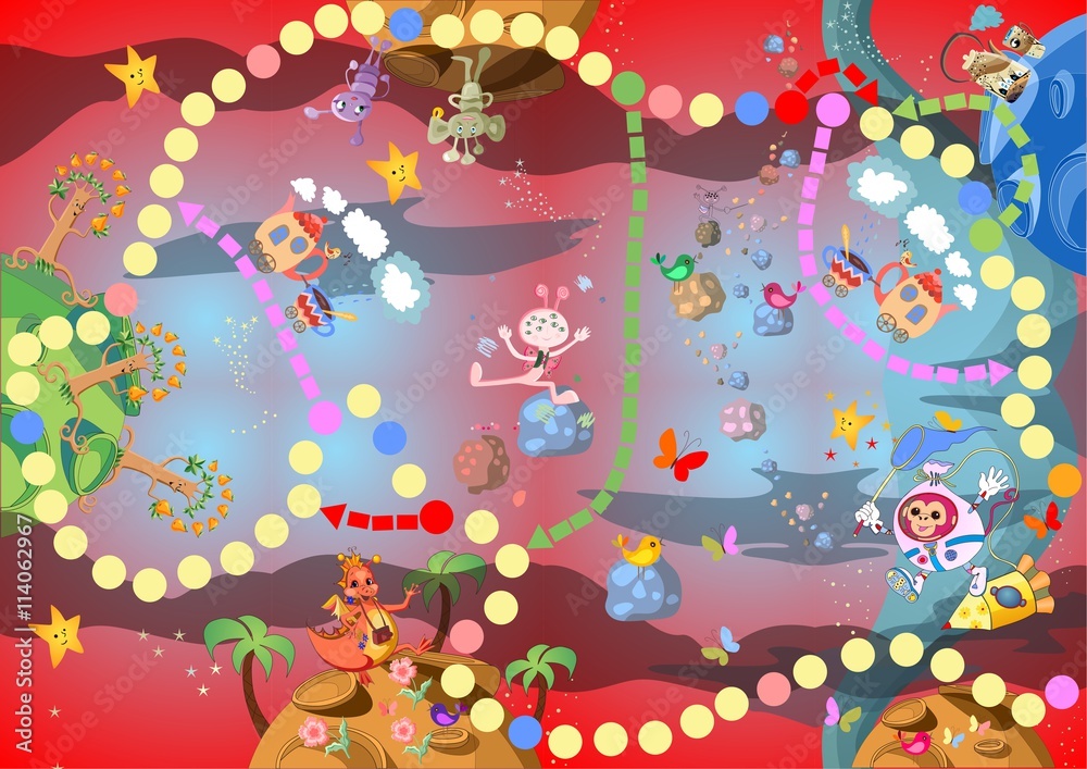 Naklejka premium Game for children - journey through the space with fantastic planets and creatures. Vector illustration.