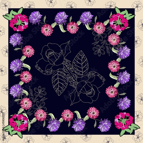 Beautiful floral bandanna print. Silk neck scarf with cute flowers. Kerchief square pattern design style for print on fabric. Vector illustration.