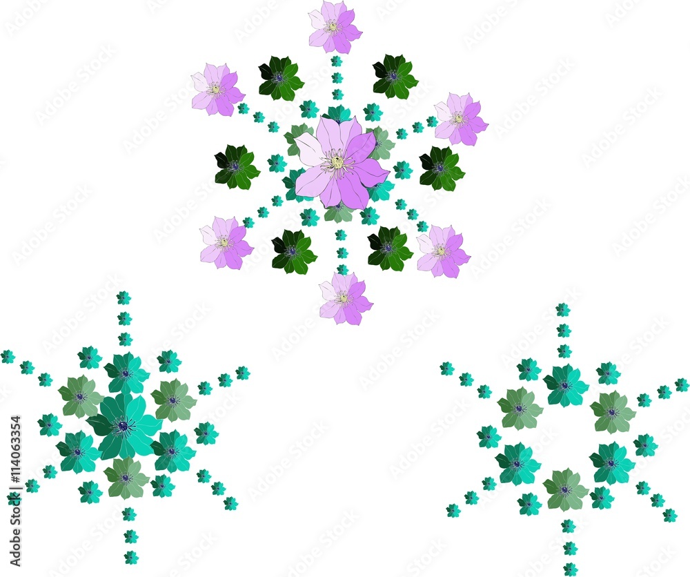 Elegant floral snowflakes. Hand drawn clematis flowers. Christmas design. Vector illustration.