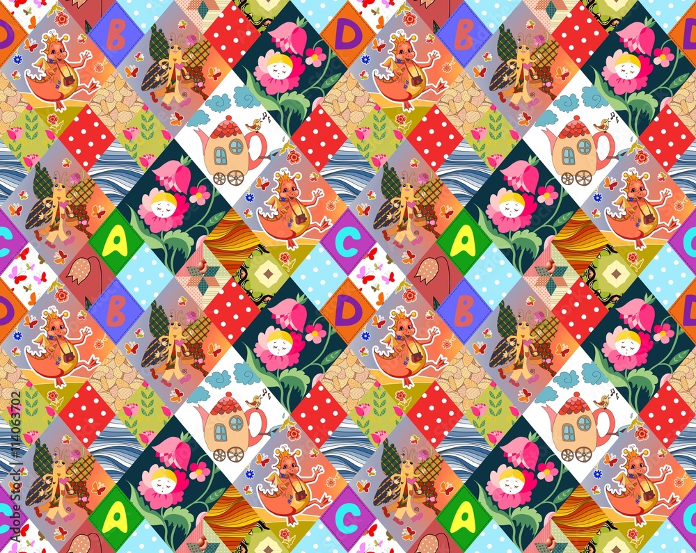 Seamless patchwork pattern with fantasy dragons, butterflies, flower ...