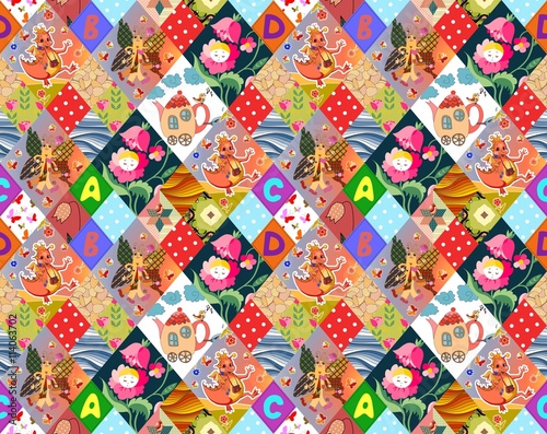 Seamless patchwork pattern with fantasy dragons, butterflies, flower fairy and teapot. Different patches with letters, waves and dots. Cute childish illustration of quilt.