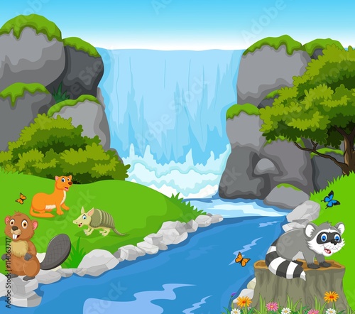 funny animal with waterfall landscape background