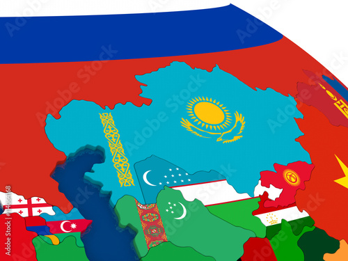 Kazakhstan on 3D map with flags photo