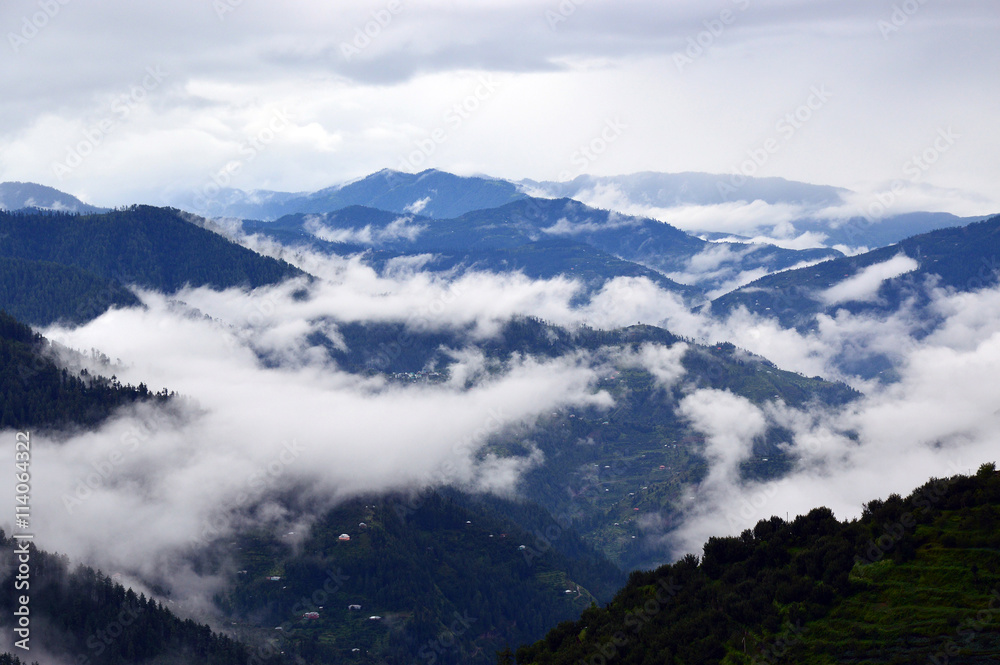 Naklejka premium Pokojowy malowniczy mglisty ranek nad Himalajskim pasmem górskim w Shimla, Himachal Pradesh, India, Azja. Mgła ciągle tu wchodzi i wypływa.