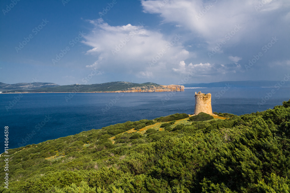 Tower near the sea. Capo Caccia. Sardinia island. Italy