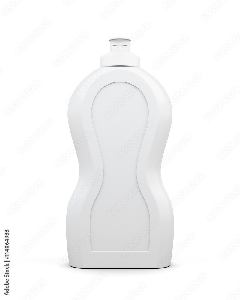 Empty bottle of detergent isolated on a white background. Household chemicals. Cleaning product. Front view. For your design. 3d rendering Empty bottle of detergent isolated on a white background. Household chemicals. Cleaning product. Front view. For your design. 3d rendering
