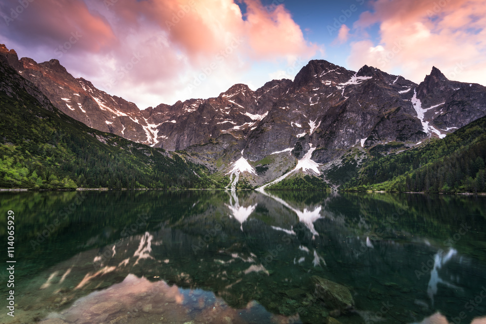 Fototapeta premium sunset over alpine pond Morskie Oko in Poland