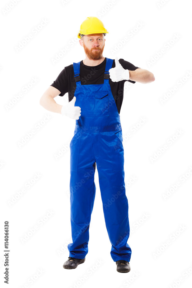 Man builder in the blue uniform Man builder in the blue uniform