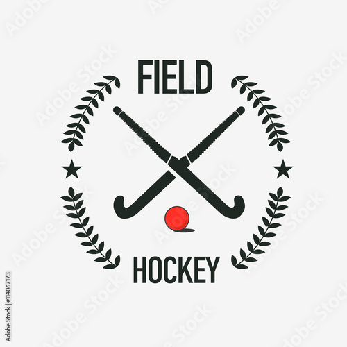 Field hockey team logo. Vector sport club badge with two sticks and ball.