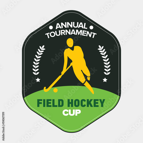 Field hockey cup logo. Vector sport badge with man silhouette and stick.