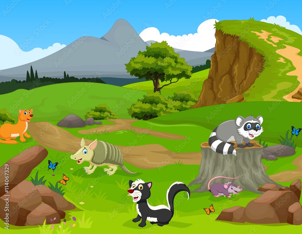 funny animal cartoon in the jungle with landscape background Stock Vector | Adobe Stock funny animal cartoon in the jungle with landscape background Stock Vector | Adobe Stock