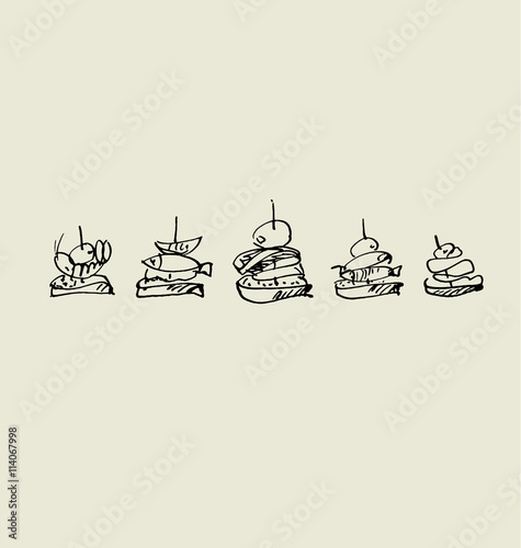 tapas and canapé image set. food hand drawn sketch vector illus