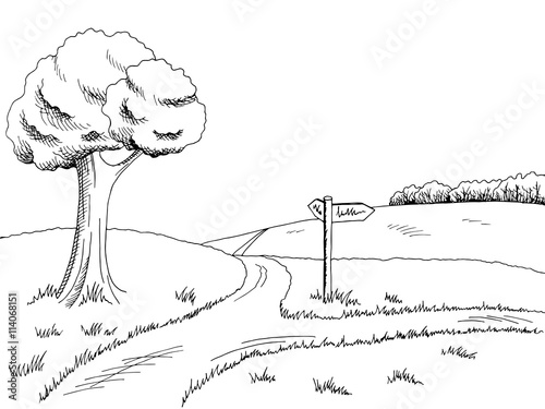 Crossroad pathway graphic art black white landscape illustration vector