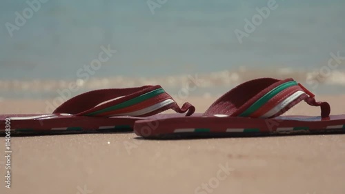 Man Flip Flops On White Sandy Beach Near Sea Waves, Nobody