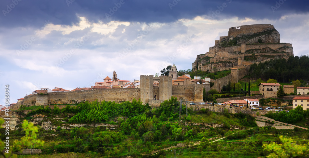 medieval town walls in sunset. Morella