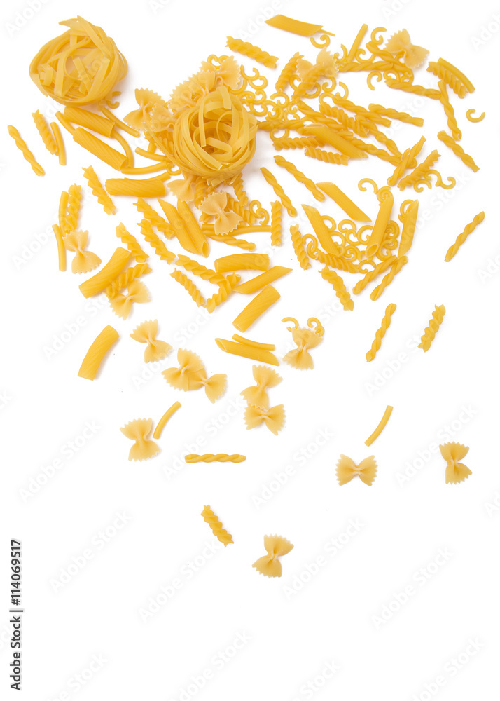 selection of pasta uncooked, isolated on white background