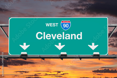 Cleveland Interstate 90 West Highway Sign with Sunrise Sky