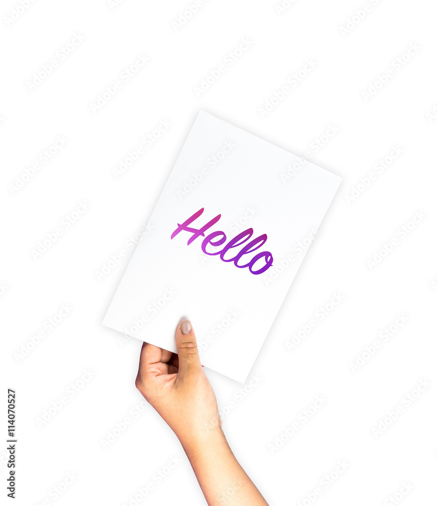 Hello on card with hand holding isolated, with clipping path Hello on card with hand holding isolated, with clipping path
