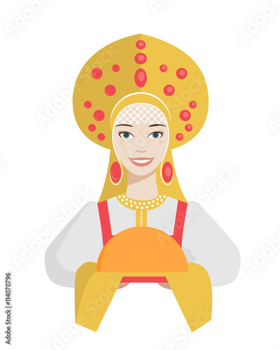 Beautiful Russian girl greets guests in traditional costume with loaf. Greeting. Young smiling woman in a yellow kokoshnik and red sarafan. Vector illustration flat.