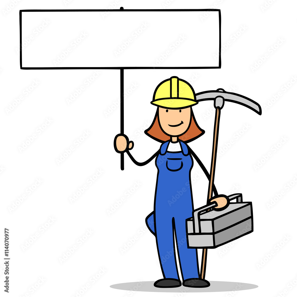 Frau als Bauarbeiter mit Schild Stock-Illustration | Adobe Stock
