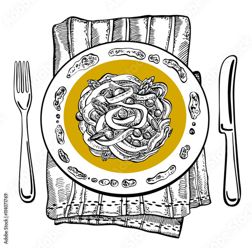 Tagliatelle pasta plate with peas and asparagus. Hand drawn graphic vector illustration. Great for menu, banner, flyer,  business promote.