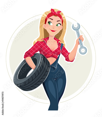 Beautiful girl in car repair service with wheel